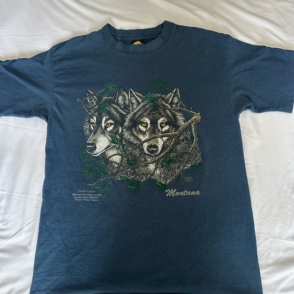 Vintage Wolf Montana T-Shirt XL H.I. Miller Gold USA Made Blue Nature Animal Tee